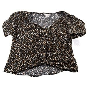 So Black Floral Twist Front Button Up Blouse Top Womens XS Short Sleeve‎